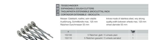 Teigschneider Schneideapparat Teigrädchen ø 55 mm 5 fach verstellbar max.125 mm gewellt oder glatt