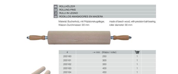 Teigroller Rollholz Wellholz Buche Edelstahlkugellager Größen:25-30-35-40-45 cm