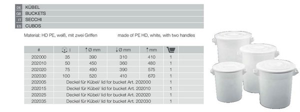 Teigkübel, Teigbehälter mit Deckel Profiware Volumen 35-50-75-100 Liter