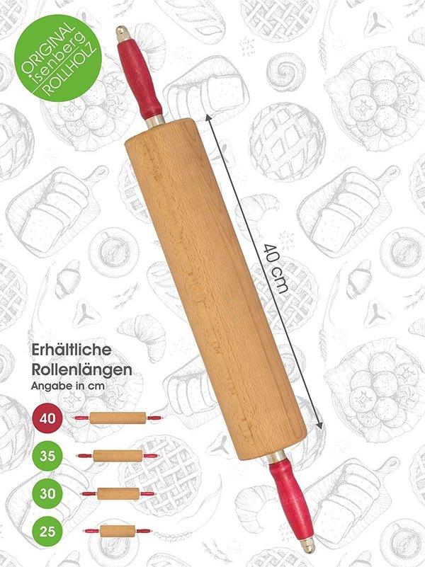 Teigroller Rollholz Wellholz mit Edelstahlkugellager Buche Walzenlängen 25,30,35 und 40 cm Isenberg